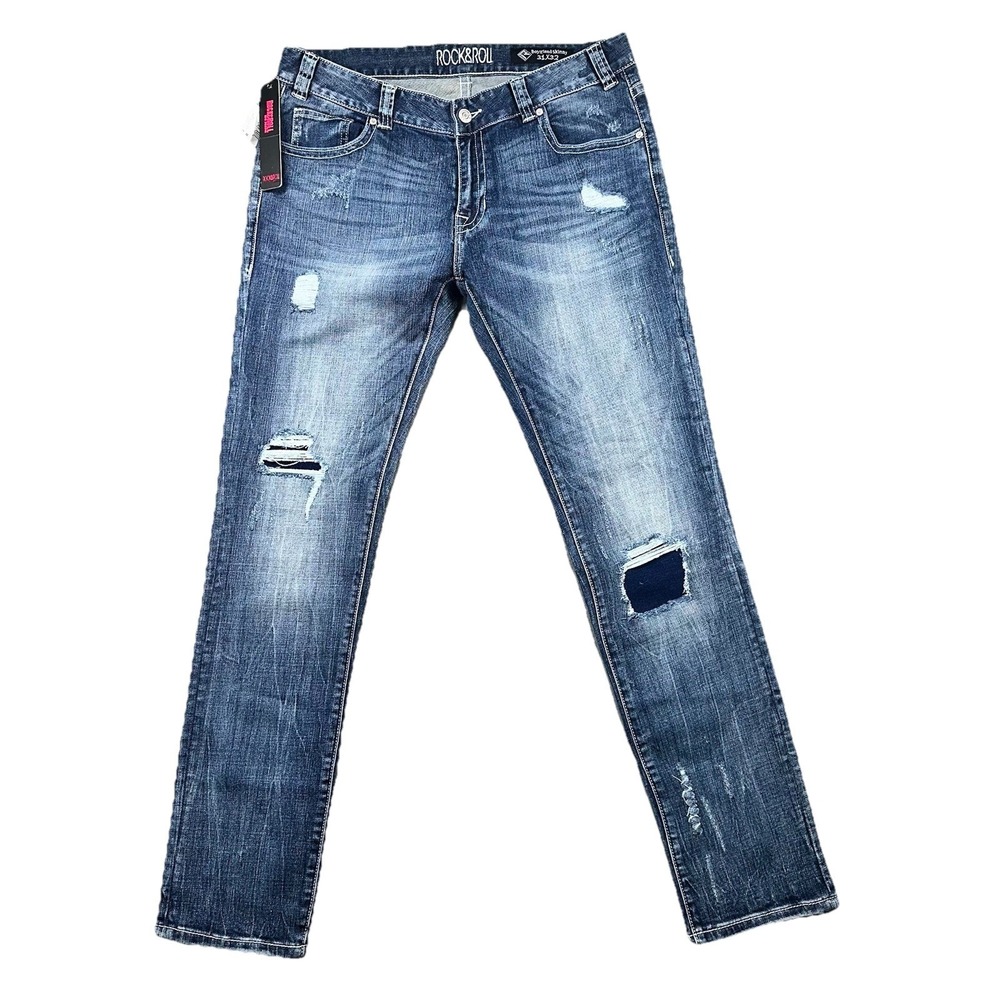 Rock and Roll Cowgirl Jeans Womens 31 Blue Boyfriend Skinny Distressed W2S1404